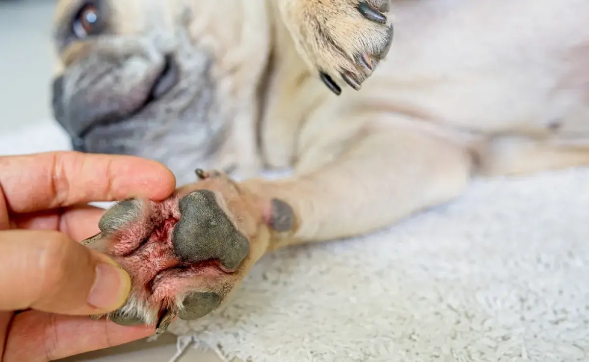 La pododermatitis en perros se caracteriza por el enrojecimiento entre los deditos del animal