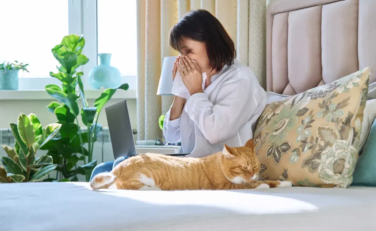 Mujer estornudando junto a su gato. Foto: Envato/ valeriygoncharukphoto