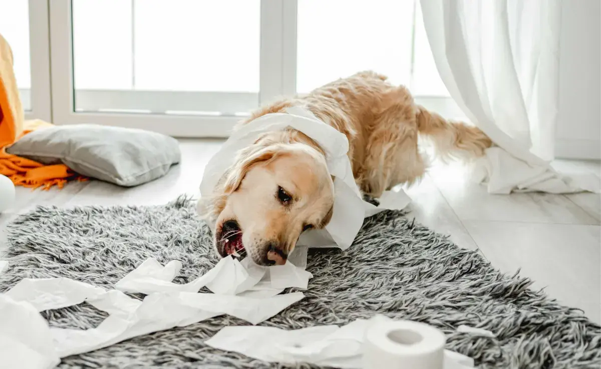 Golden Retriever comiendo pepel. Foto: Envato/tan4ikk 