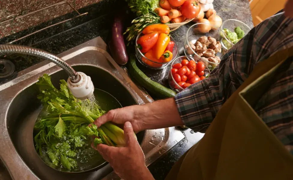 vegetais e legumes sendo lavados por humano para evitar taxoplasmose