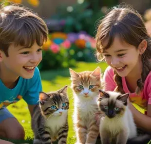 Existen razas de gatos que son más tranquilas y amigables con los niños. Imagen creada por Canva.