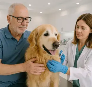 Si tu perro es senior, debes seguir llevándolo al veterinario para que le apliquen vacunas. Imagen creada por ChatGPT.